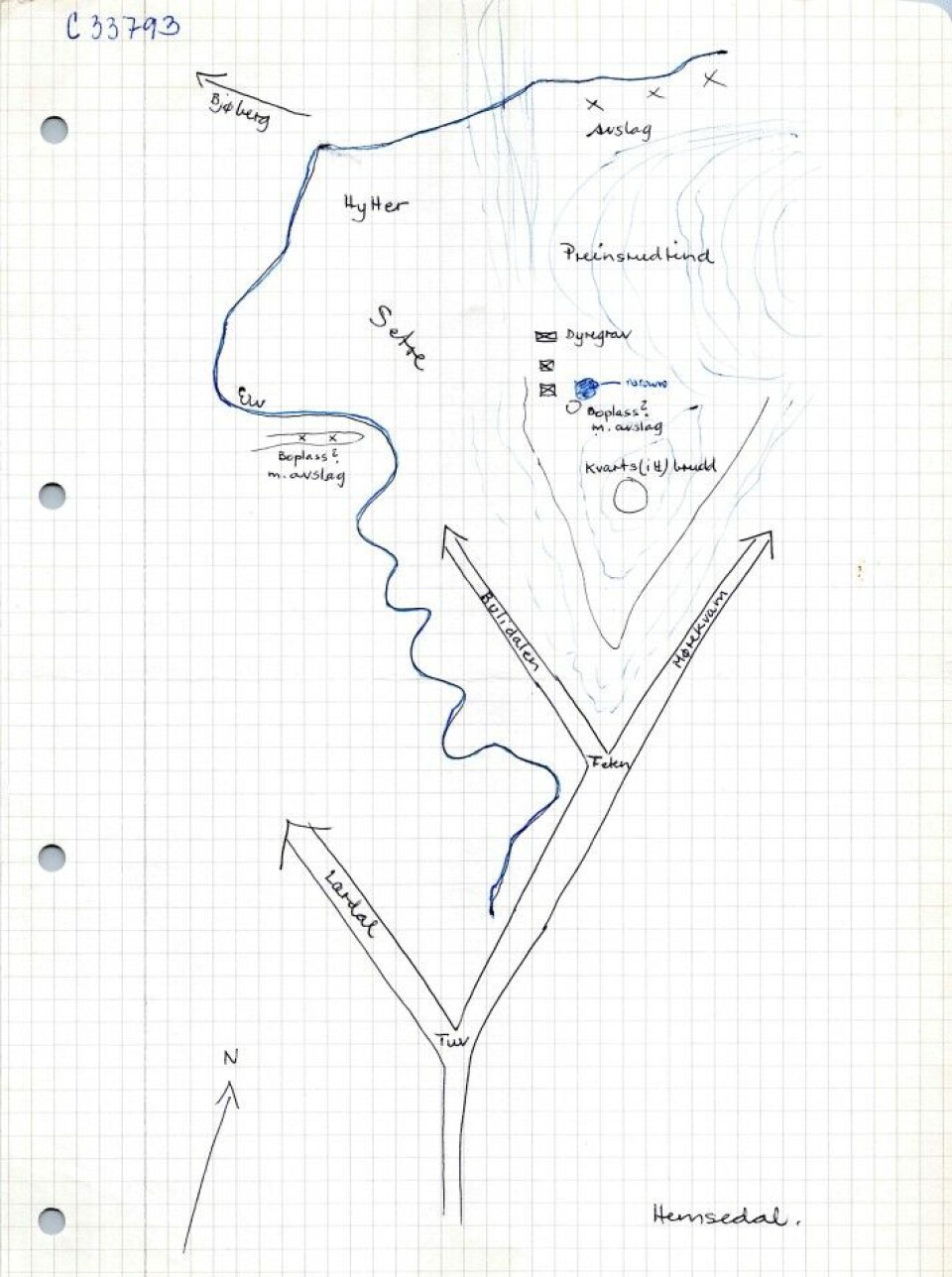 Slik så skissen ut som Nyland måtte navigere etter for å finne Halsanebruddet i Hemsedal.