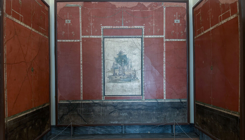 Fresker fra Pompeii som vises frem på Museet i Napoli. Røde veggmalerier fra Pompeii.