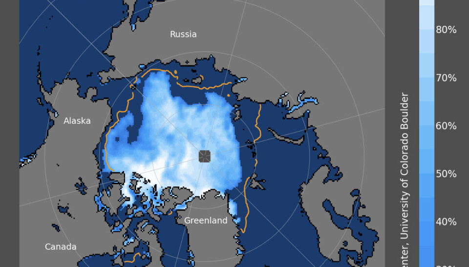 Iskartet viser utbredelsen og tykkelsen på isen 11. august i år, basert på satellittdata. Iskart