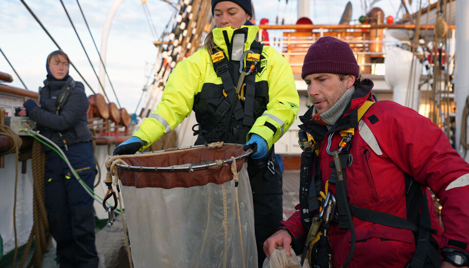 Maxime Geoffroy er om bord på Statsraad Lehmkuhl. Han tar prøver med planktonnett så ofte det lar seg gjøre. Personer på dekk som håndterer et planktonnett.