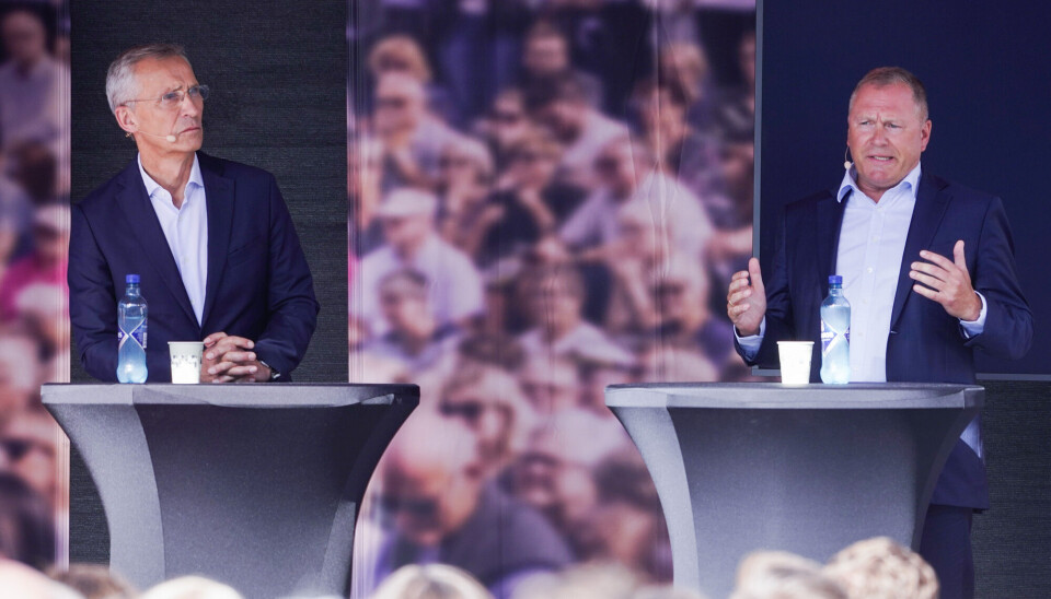 Finansminister Jens Stoltenberg og oljefondsjef Nicolai Tangen snakket om etikk under Arendalsuka onsdag 13. august.