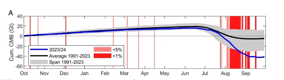 Grafen er fra studien, og den blå linjen viser massebalansen i 2024. Legg merke til at den er normal fram til Juli/august, hvor den faller dramatisk.