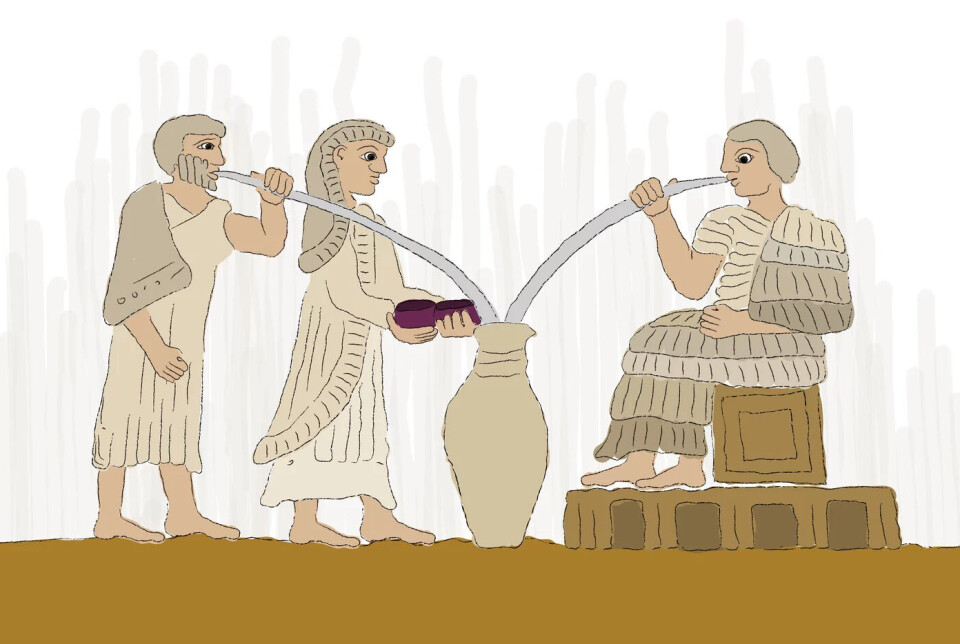 Slik kan det ha sett ut da folk i Mesopotamia drakk øl gjennom lange sugerør for 5.000 år siden.