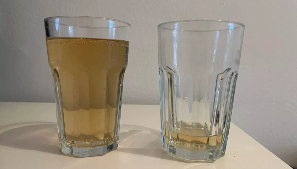 Her er to glass eplejuice. Glasset til venstre inneholder 300 milliliter, som tilsvarer en gjennomsnittlig vannlating. I glasset til høyre er det 25 milliliter, som er forskjellen i urin som skilte de to tissestillingene hos menn med vannlatingsproblemer.