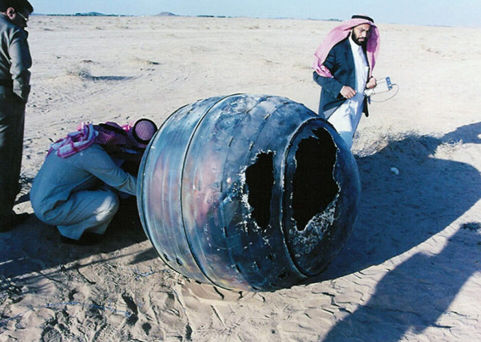 Denne 70 kilo tunge delen fra en amerikansk Delta-2 rakett traff bakken i Saudi Arabia i 2001.