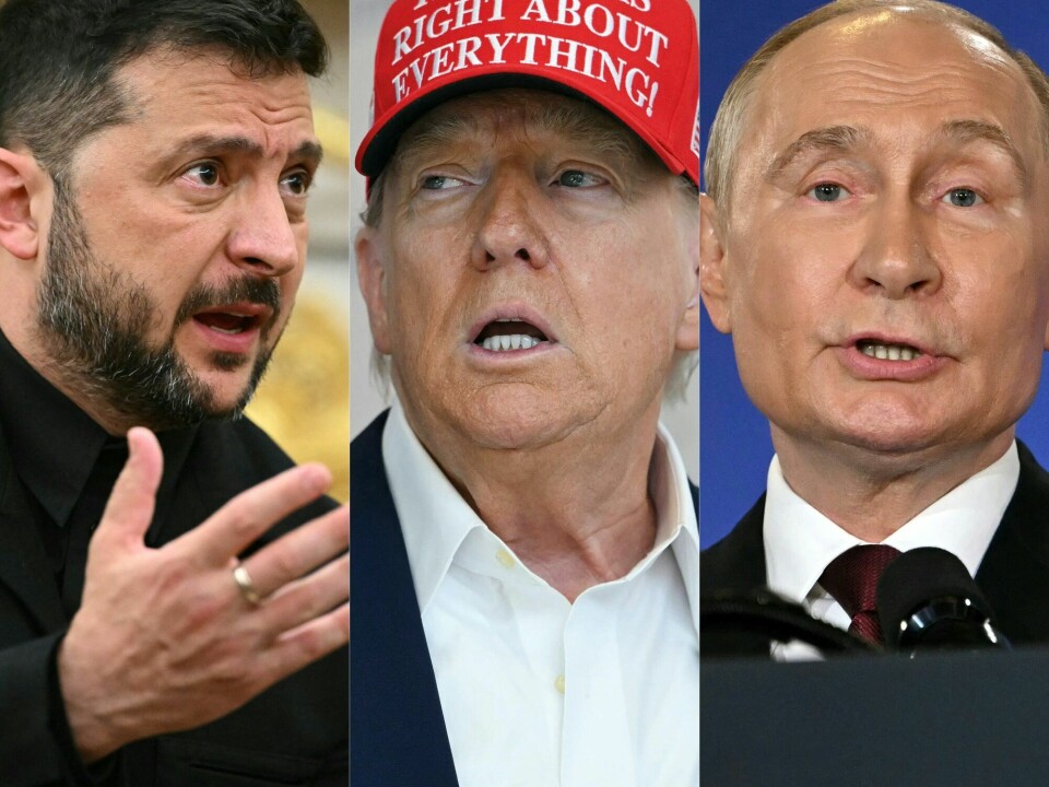 Krig og konflikt gjør utenrikspolitikk viktig for mange nordmenn i det kommende valget. Collage av portretter: Zelenskyj, Trump, Putin.