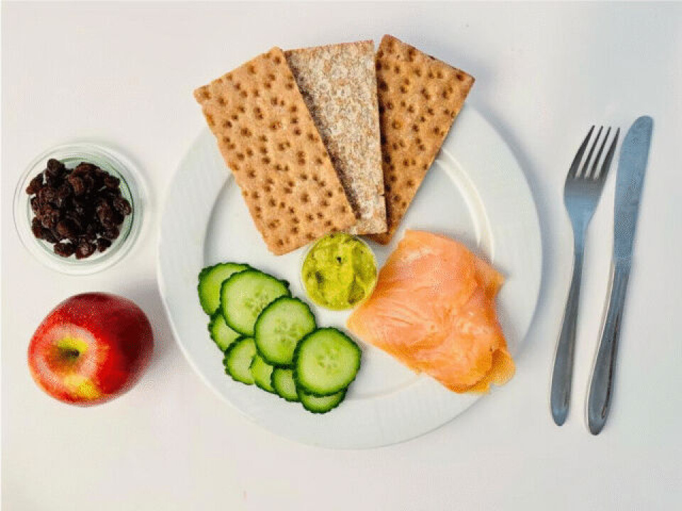 Minimalt prosessert kosemat: Knekkebrød av fullkornshvete, røkelaks, agurkskiver, guacamole, eple og rosiner. Stilisert bilde med hvit bakgrunn. Hvit tallerken med tre knekkebrød, ni skiver agurk, en klump med skivet røkelaks og i midten en liten glasskål med guacamole. Til venstre en liten glasskål med rosiner og et rødt eple.