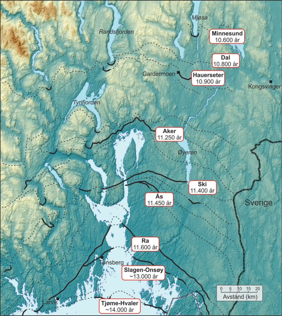 Kartet viser aldre for israndavsetningene som ble dannet under tilbaketrekningen fra ytre Oslofjord til Mjøsa.