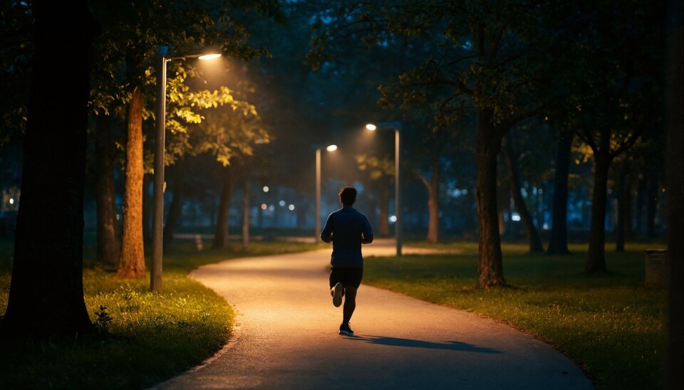 Hva hadde du gjort med mange timer ekstra i døgnet? Joggetur på natta? Mannlig jogger i svart silhuett i park i mørket.