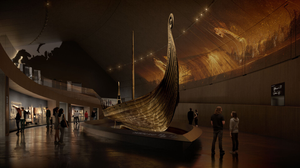 Slik skal det se ut i det nye museet. Mørkt og brunt bilde, der stavnen på vikingskipet rager i været, opp mot det buede taket.