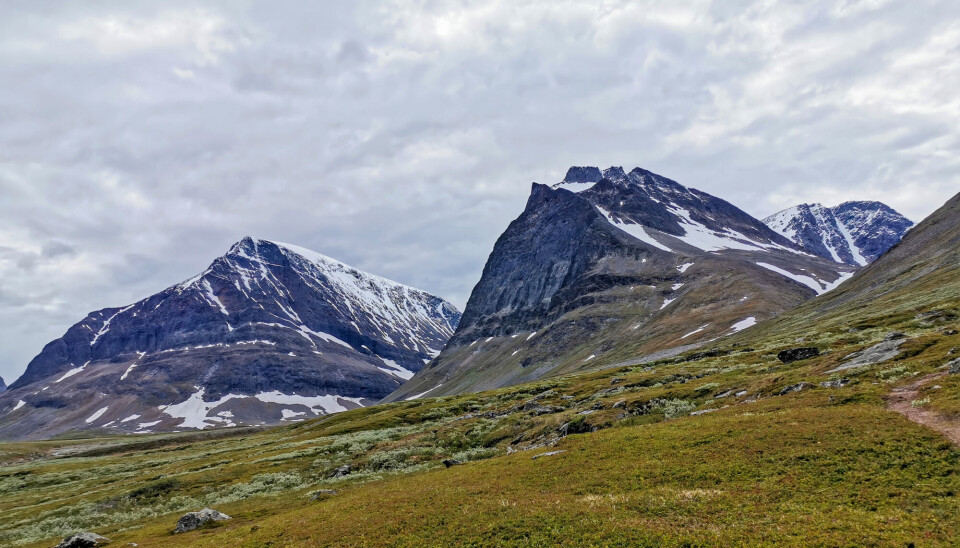 Kebnekaise ligger i Lappland i Nord-Sverige. En rekke av fjell. Det høyeste har en skålformet topp, fylt med hvit snø og isbre. Grønnbrune høstfarger på bakken foran. Ingen trær.
