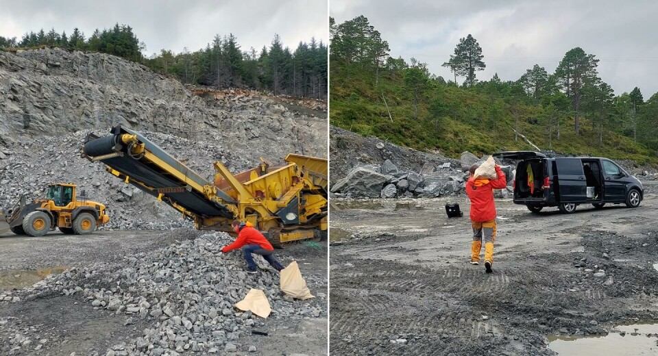 Forskere hentet sekker med stein fra et pukkverk i Møre og Romsdal. Steinen ble tatt med til laboriatoriet.