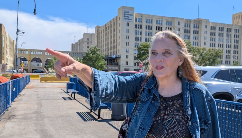 Victoria Hofmo viser frem Sunset Park - et havneområde i Brooklyn i New York hvor det vrimlet av nordmenn. I bakgrunnen ser du Brooklyn Army Terminal.