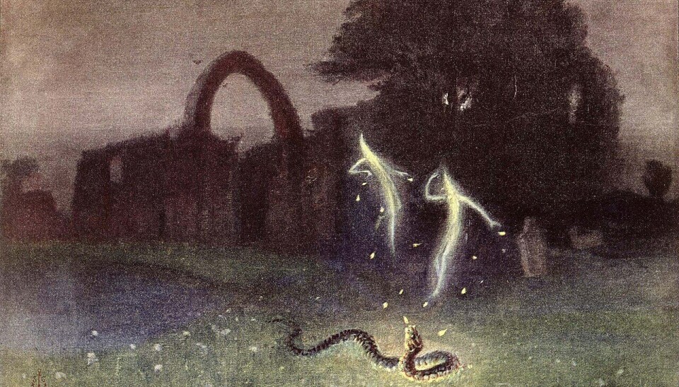 Er det slik det kan se ut? Dansende, spøkelsesaktige flammer på en våtmark. Tysk maleri fra 1800-tallet.