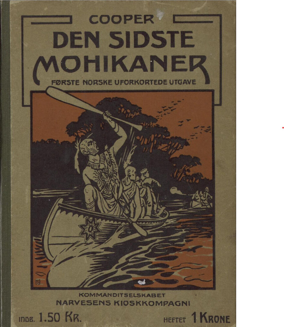 Den siste mohikaner kom ut i Norge på 1830-tallet. Denne utgaven er fra 1909. Bokomslag.