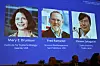A screen showing the photos of Mary E Brunkow, Fred Ramsdell and Shimon Sakaguchi who were awarded the Nobel Prize in Medicine or Physiology, at the Nobel Assembly of the Karolinska Institutet, in Stockholm, Sweden, Monday, Oct. 6, 2025.