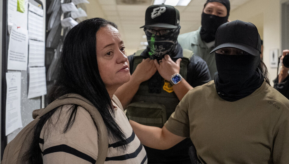 Denne kvinnen ble arrestert i New York i september av agenter fra ICE. Noen blir tatt på gata, andre på jobben eller når de innkalt til immigrasjonskontoret for rutinesjekk. Kvinne under arrest av tre maskerte agenter.