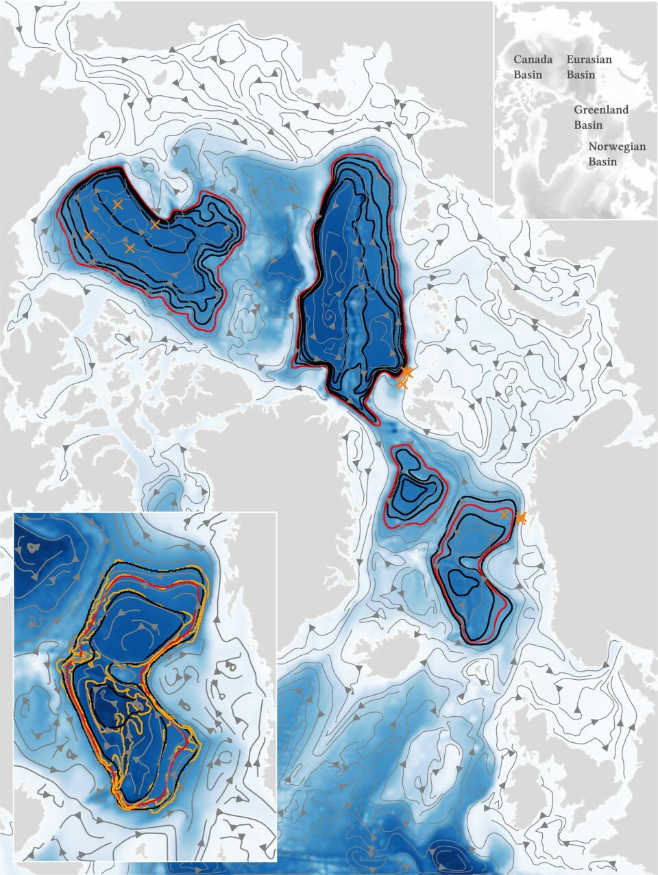 Bunnforhold og strøm i Polhavet. Mørkere blåtoner indikerer større dybder. Strømmen er beregnet med en høyoppløselig, numerisk havmodell.