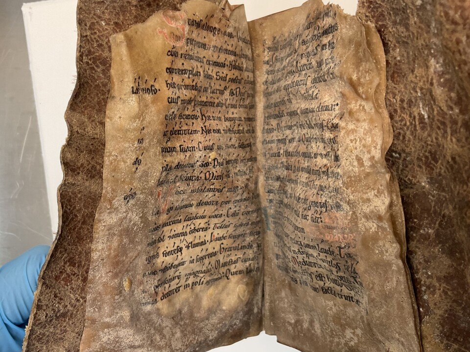 Det er også skrevet inn musikknotasjon som forteller hvordan sangene skal synges. – Denne type notasjon, kalt neumer, er hjelpemidler for å huske melodien. De måtte kunne den fra før for å kunne synge den, sier Åslaug Ommundsen. Nærbilde av manuskript.