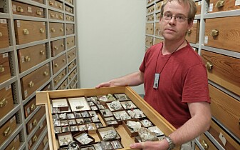 I magasinet til Geologisk museum i Oslo har førsteamanuensis Henrik Friis tilgang til titusenvis av prøver, både av bergarter og av mineraler. Flere av skuffene har prøver fra Låven. (Foto: Eivind Torgersen) I magasinet til Geologisk museum i Oslo har førsteamanuensis Henrik Friis tilgang til titusenvis av prøver, både av bergarter og av mineraler. Flere av skuffene har prøver fra Låven. (Foto: Eivind Torgersen)