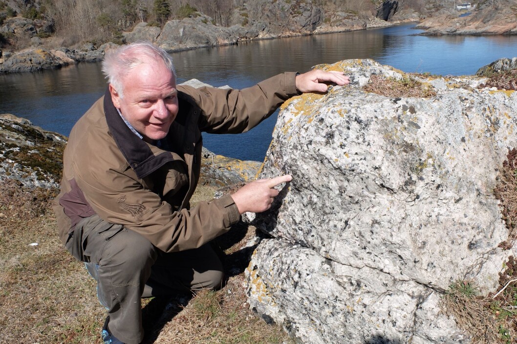Alf Olav Larsen har vært interessert i mineraler helt siden barndommen. Som pensjonist dyrker han hobbyen på øyer og holmer utenfor bostedet Stathelle. Han kan så mye om mineralene her ute at han også har signaturen sin på vitenskapelige publikasjoner. (Foto: Eivind Torgersen) Alf Olav Larsen har vært interessert i mineraler helt siden barndommen. Som pensjonist dyrker han hobbyen på øyer og holmer utenfor bostedet Stathelle. Han kan så mye om mineralene her ute at han også har signaturen sin på vitenskapelige publikasjoner. (Foto: Eivind Torgersen)