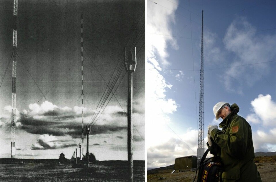 T.v: Langbølgesenderen på Kløfta, som ble nedlagt 2. januar 1995. T.h: Langbølgesenderen på Ingøy i Måsøy kommune i Finnmark sender fortsatt til havområdene nord for Finnmark. De lange bølgene krever en lang, høy antenne, men når til gjengjeld også svært langt. (Foto: Kløfta-senderen gjengitt med tillatelse fra Norsk Radiohistorisk Forening, Ingøy-senderen: Allan Klo, CC-BY-SA 3.0 Unported)