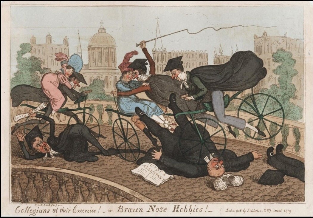 Så ille kan det gå! Ingen bremser og dårlig kontroll. En karikatur av Oxford-studenter på dandyhorse. (Illustrasjon: Robert Cruikshank, The Lewis Walpole Library, Yale University) Så ille kan det gå! Ingen bremser og dårlig kontroll. En karikatur av Oxford-studenter på dandyhorse. (Illustrasjon: Robert Cruikshank, The Lewis Walpole Library, Yale University)