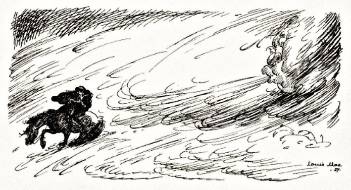 <em>«Den vinteren som kalles Fimbulvinteren kommer. Det driver snø fra alle kanter. Det er sterk kulde og vasse vinder. Ingenting har glede av sola. Det er tre slike vintre – uten somre i mellom,» </em>skriver Snorre i sin bok Edda. Fimbulvinteren (<em>fimbulvetr</em>) var et forvarsel om Ragnarok, verdens undergang. Flere har spekulert på om myten om Fimbulvinteren kan basere seg på noe som virkelig har hendt. Nå vet forskere at det er slik. (Bildet av Fimbulvinteren tegnet Louis Moe i 1929.) <em>«Den vinteren som kalles Fimbulvinteren kommer. Det driver snø fra alle kanter. Det er sterk kulde og vasse vinder. Ingenting har glede av sola. Det er tre slike vintre – uten somre i mellom,» </em>skriver Snorre i sin bok Edda. Fimbulvinteren (<em>fimbulvetr</em>) var et forvarsel om Ragnarok, verdens undergang. Flere har spekulert på om myten om Fimbulvinteren kan basere seg på noe som virkelig har hendt. Nå vet forskere at det er slik. (Bildet av Fimbulvinteren tegnet Louis Moe i 1929.)