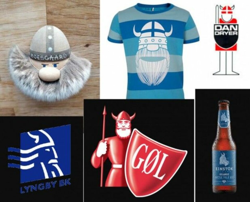 Vikingfiguren inngår i mange ulike sammenhenger – helt fra kjøleskapsmagneter til T-skjorter, pølselogoer, ølflasker og idrettslag. Vi etterlyste illustrasjoner av vikingfigurer på Facebook-siden vår – her er det et utvalg. (Foto: videnskab.dks lesere)