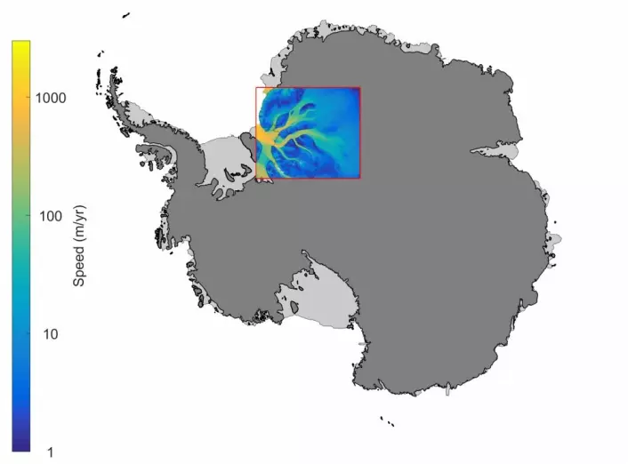 Kart over Antarktis med isstrømmene i regionen Recovery/Slessor/Bailey. (Illustrasjon: Anja Diez)