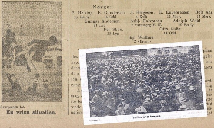 Tusenvis av menn i hatt på Frogner stadion etter seieren over Danmark. (Illustrasjon: Eivind Torgersen, faksimiler fra Morgenbladet 17. juni 1918) Tusenvis av menn i hatt på Frogner stadion etter seieren over Danmark. (Illustrasjon: Eivind Torgersen, faksimiler fra Morgenbladet 17. juni 1918)