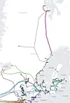 Kart med fargekodede undersjøiske kabler rundt Norge og Nord-Europa.