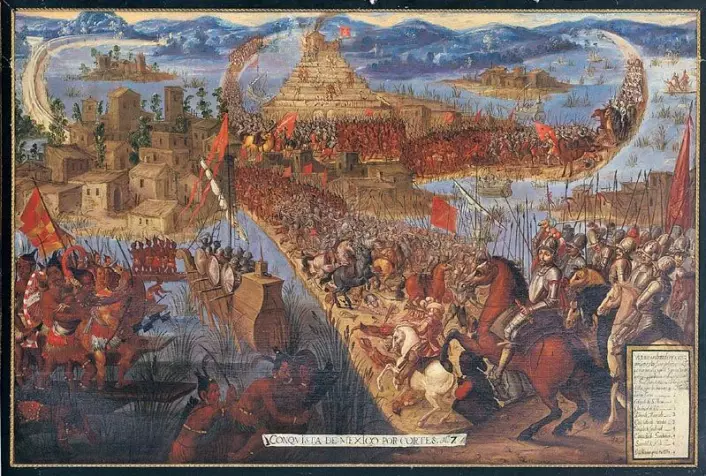 Slik kan det ha sett ut da spanjolene invaderte Azteker-byen Tenochtitlan. (Bilde: Ukjent)