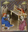 Illustrasjon av kvinner som karder ull, spinner tråd og vever tekstil i middelsaldersk manuskript fra 1400-tallet.