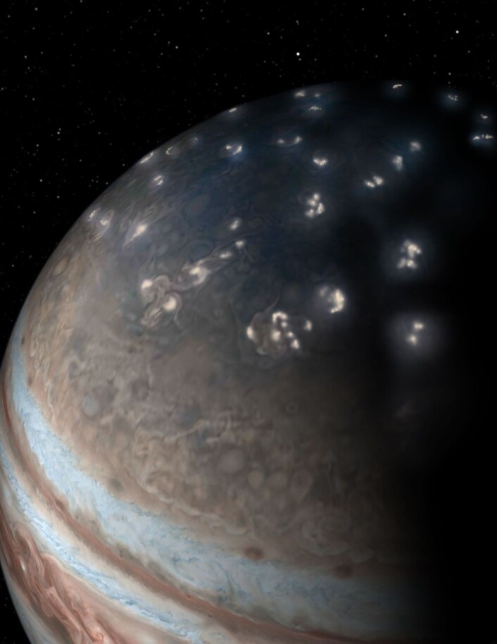 Hele bildet av lynstormene på Jupiters. (Bilde: NASA/JPL-Caltech/SwRI/JunoCam) Hele bildet av lynstormene på Jupiters. (Bilde: NASA/JPL-Caltech/SwRI/JunoCam)
