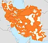 Kart over Iran med områder markert i oransje og lysegult.