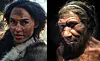 Til venstre er en dame utkledd som å være fra forhistorisk tid. Til høyre en modell av en neandertaler.