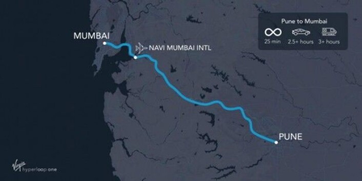 Den planlagte ruten mellom storbyene Mumbai og Pune vil angivelig åpne for tester i år 2021. (Illustrasjon: Virgin Hyperloop One) Den planlagte ruten mellom storbyene Mumbai og Pune vil angivelig åpne for tester i år 2021. (Illustrasjon: Virgin Hyperloop One)