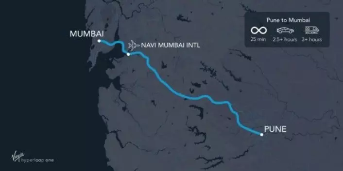 Den planlagte ruten mellom storbyene Mumbai og Pune vil angivelig åpne for tester i år 2021. (Illustrasjon: Virgin Hyperloop One)