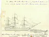 Blyanttegning av tremastet seilskip på gammelt linjert papir med håndskrift. Foran skipet er det tegnet en diger hval.