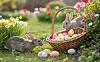 Påskeharer ved en kurv med fargerike påskeegg i en blomstrende vårhage.