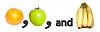 Appelsin, eple og bananer med komma og ordet and mellom seg