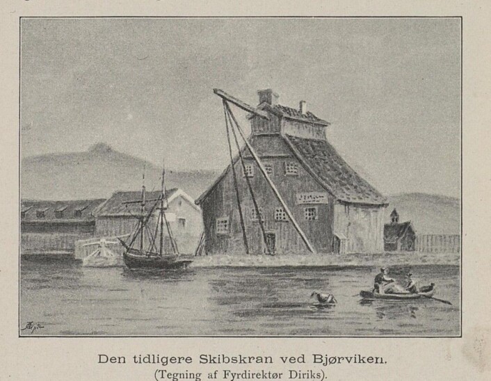 Historisk tegning av Brinchs kran fra 1893. (Bilde: Nasjonalbiblioteket) Historisk tegning av Brinchs kran fra 1893. (Bilde: Nasjonalbiblioteket)