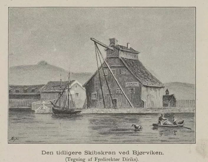 Historisk tegning av Brinchs kran fra 1893. (Bilde: Nasjonalbiblioteket)