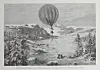 Ballong flyr over snødekt dal omgitt av fjell og skog