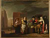 Historisk maleri av mennesker som handler grønnsaker på en byplass.
