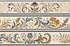 Dekorativt horisontalt mønster med blomster, blader og snirklete ornamenter i blått, grønt og oransje.