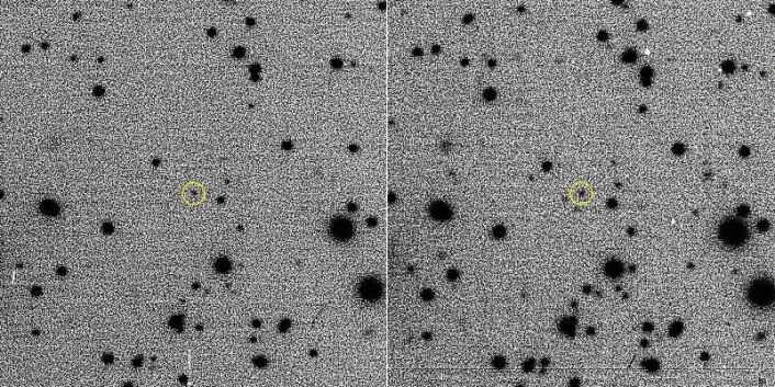 Disse bildene viser hvordan 2015 BZ509 (gul ring) beveger seg fra øst mot vest på himmelen, motsatt andre planeter og måner og asteroider i vårt solsystem. (Fotos: C. Veillet / Large Binocular Telescope Observatory) Disse bildene viser hvordan 2015 BZ509 (gul ring) beveger seg fra øst mot vest på himmelen, motsatt andre planeter og måner og asteroider i vårt solsystem. (Fotos: C. Veillet / Large Binocular Telescope Observatory)