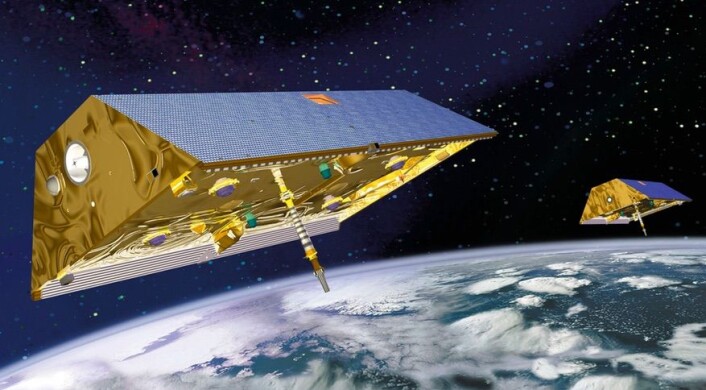 Grafikk av GRACE-satellittene i bane rundt jorden. (Bilde: NASA) Grafikk av GRACE-satellittene i bane rundt jorden. (Bilde: NASA)