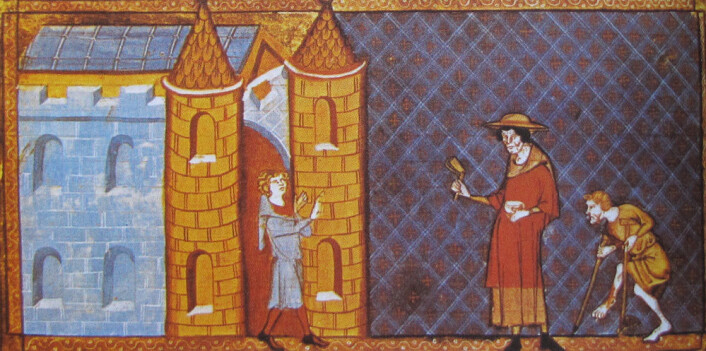 Bilde fra 1300-tallet som viser to spedalske som ikke får slippe inn i en by. (Bilde: Miniatyr) Bilde fra 1300-tallet som viser to spedalske som ikke får slippe inn i en by. (Bilde: Miniatyr)